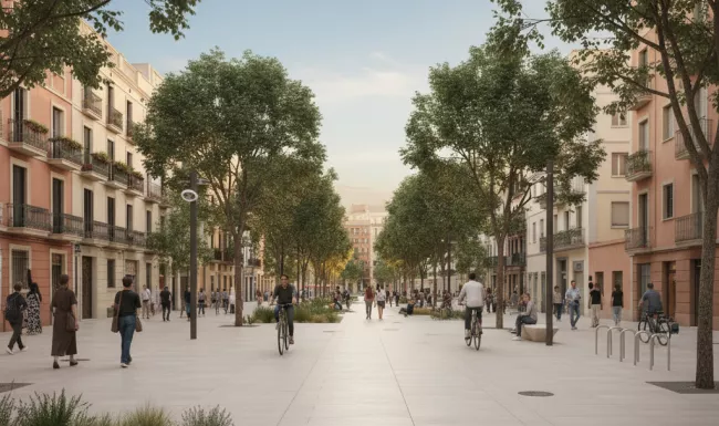 Espai públic sostenible: carrer vianant amb arbrat urbà, ciclistes i vianants en convivència. Exemple de mobilitat sostenible i disseny urbà regeneratiu amb solucions basades en la naturalesa.