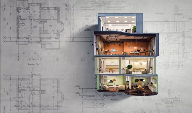 Sección 3D de un edificio con interiores amueblados superpuesta a planos arquitectónicos técnicos.