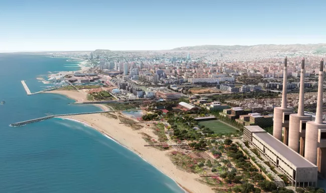 Render aeri del futur parc litoral de les Tres Xemeneies amb la platja renaturalitzada i les tres xemeneies de Sant Adrià de Besòs
