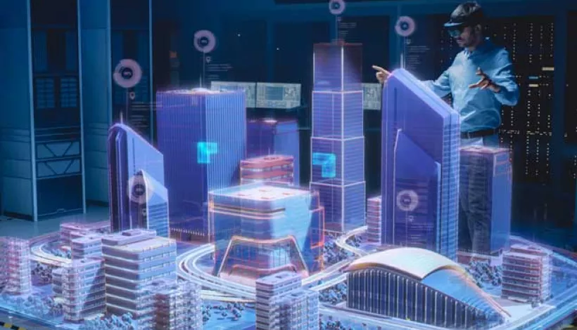 Imagen 3D de edificios en una ciudad futurista