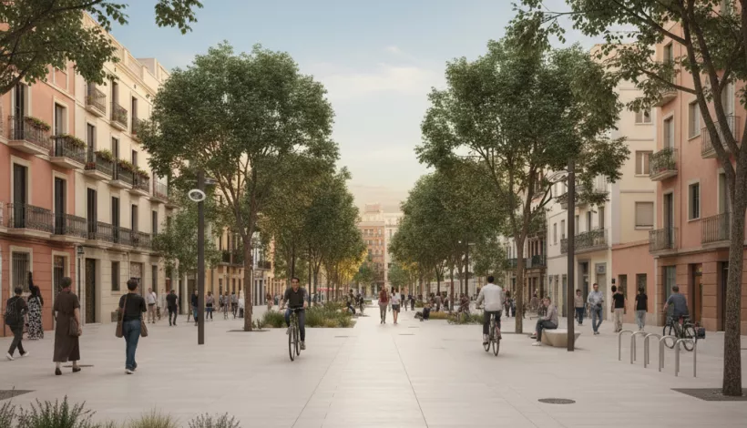 Espacio público sostenible en Barcelona: calle peatonal con arbolado urbano, ciclistas y peatones en convivencia. Ejemplo de movilidad sostenible y diseño urbano regenerativo con soluciones basadas en la naturaleza.