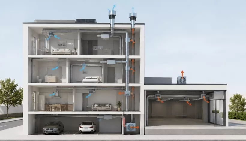 Esquema de la ventilación de un edificio
