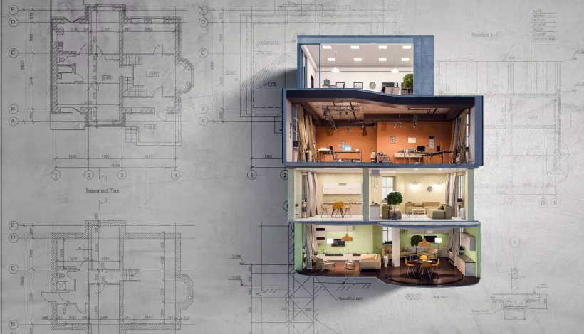 Secció 3D d'un edifici amb interiors moblats superposada a plànols arquitectònics tècnics.