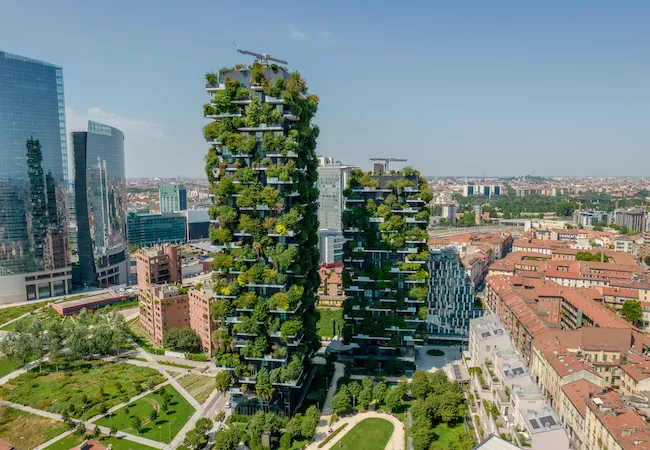 Foto aérea de Bosco Verticale, Bosque Vertical en Milán, distrito de Porta Nuova.