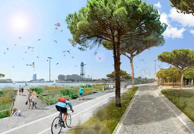 Ciclistas en la playa de Barcelona