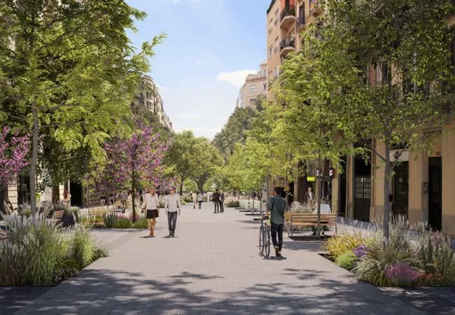 Representación de la calle Rocafort de Barcelona con más zonas verdes