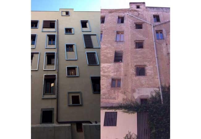 Después y antes de las obras de rehabilitación en un edificio de Barcelona