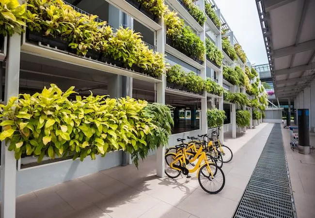 Bicicletas delante de un edificio sostenible