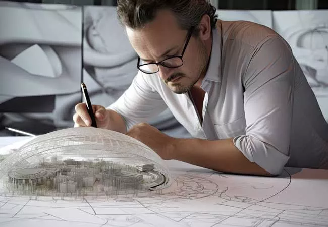 Representación de un arquitecto trabajando con IA