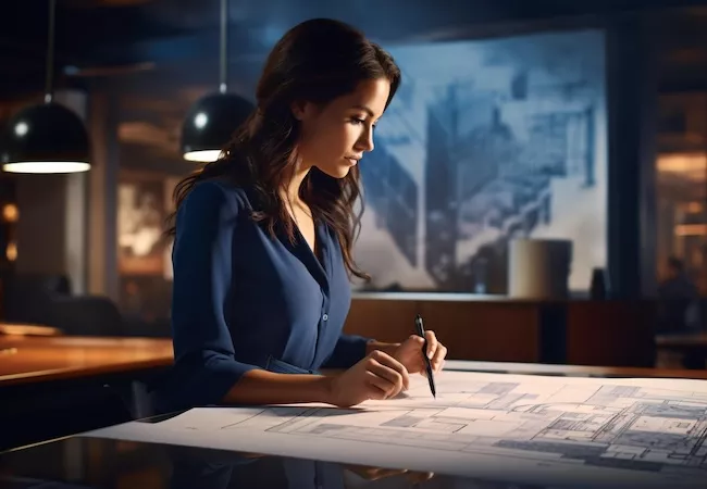 Mujer trabajando en un proyecto de arquitectura
