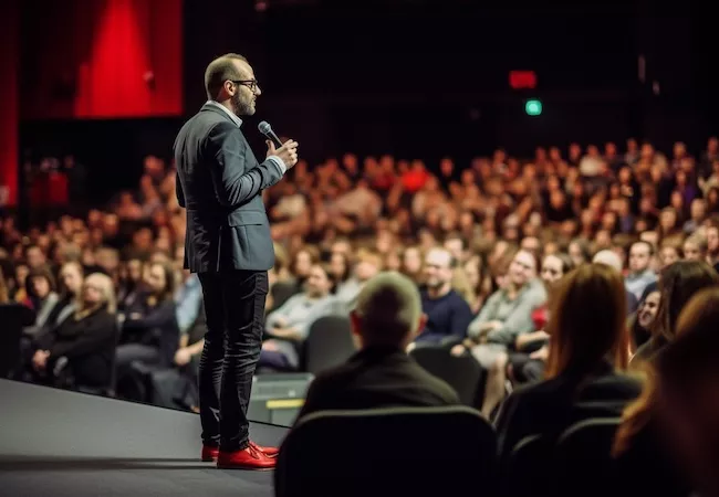 Speaker en un evento con mucho público