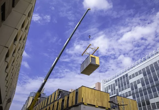 Una grúa colocando un módulo de construcción industrializada