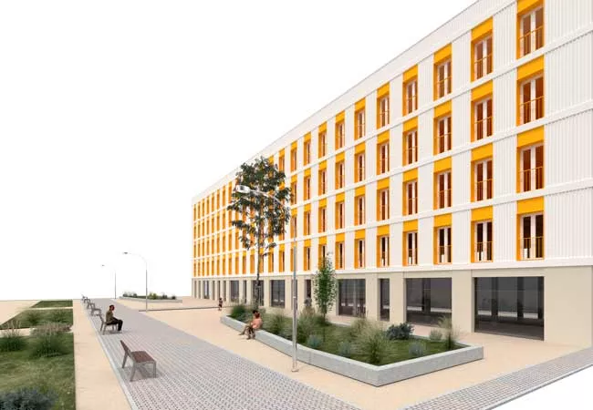 render de un edificio de madera