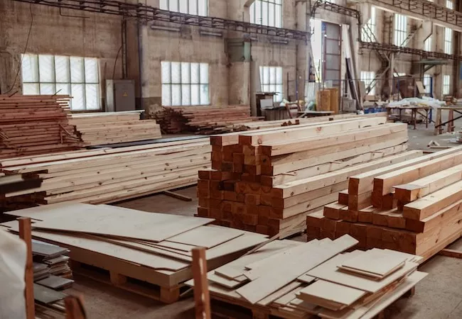 Tablones de madera industrial en una nave