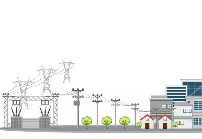 Ilustración de redes eléctricas llegando a un edificio