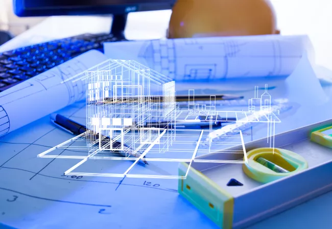 Modelo 3D estructural de vivienda sobre planos arquitectónicos con ordenador y herramientas de diseño en escritorio de arquitecto