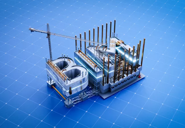 Representación 3D de un modelo BIM de edificio industrial con estructura metálica y grúa sobre fondo azul con cuadrícula digital