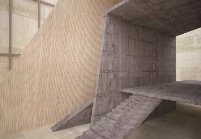 Interior de espacio público con estructura híbrida que combina muros de hormigón visto y revestimiento de lamas de madera, ejemplo de construcción sostenible mixta