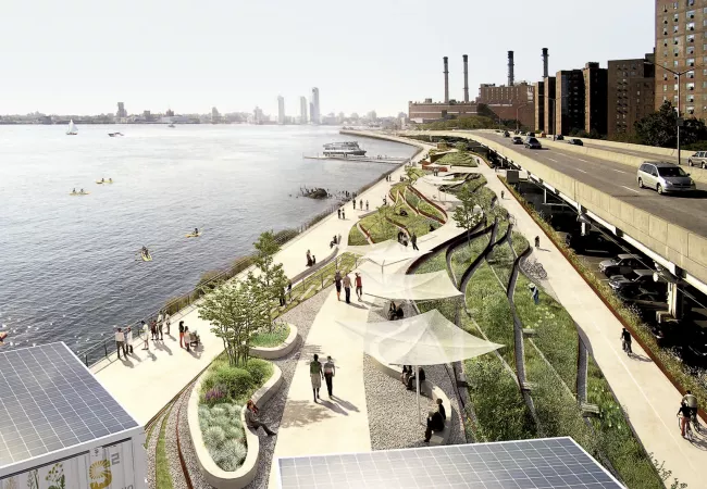 Render del proyecto The Big U de BIG-Bjarke Ingels Group: paseo público con zonas verdes, paneles solares y carril bici integrados en la barrera de protección costera del East Side de Manhattan frente al East River