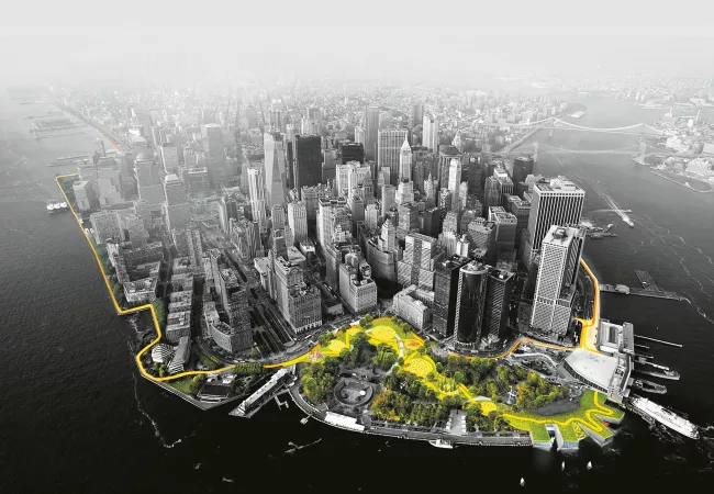 Render aéreo del proyecto The Big U de BIG-Bjarke Ingels Group para el bajo Manhattan: una cinta de protección costera de 16 km dividida en tres sectores independientes que combina muros, terraplenes y parques públicos para defenderse de inundaciones como las del huracán Sandy de 2012