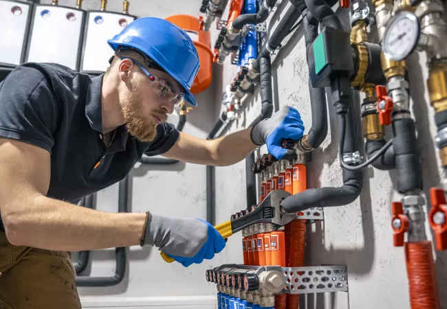 Técnico revisando una instalación de tuberías en una sala técnica de un edificio