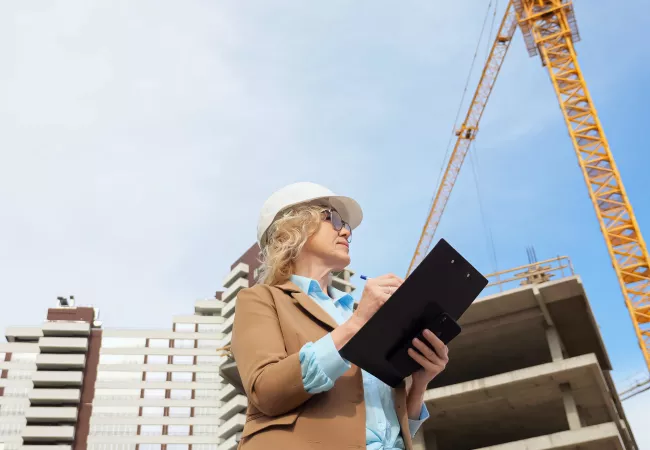 Arquitecta de l'Administració pública supervisant una obra d'edificació residencial.