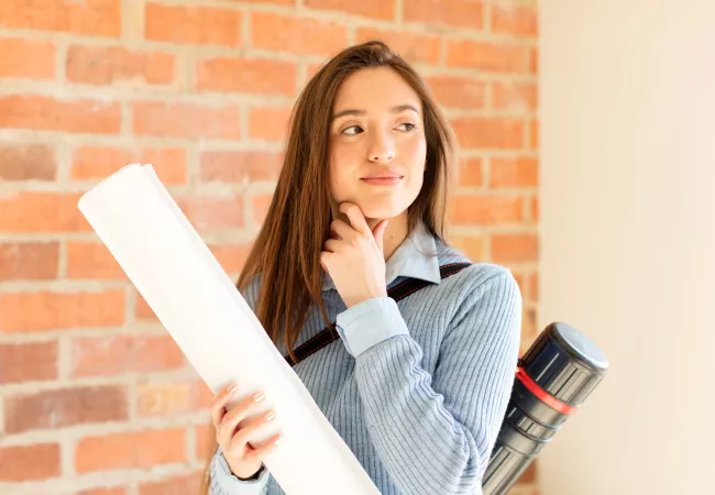 Arquitecta acabada de titular amb un plànol a la mà reflexiona sobre les sortides professionals després d'acabar la carrera