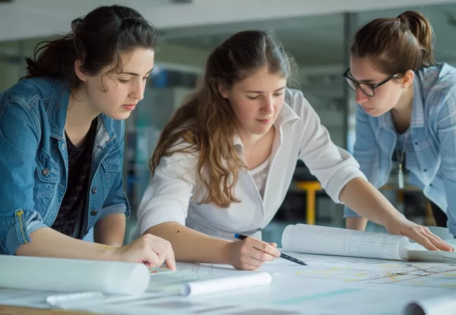 Tres arquitectas analizan los planos de un proyecto sobre la mesa de trabajo de un estudio de arquitectura.