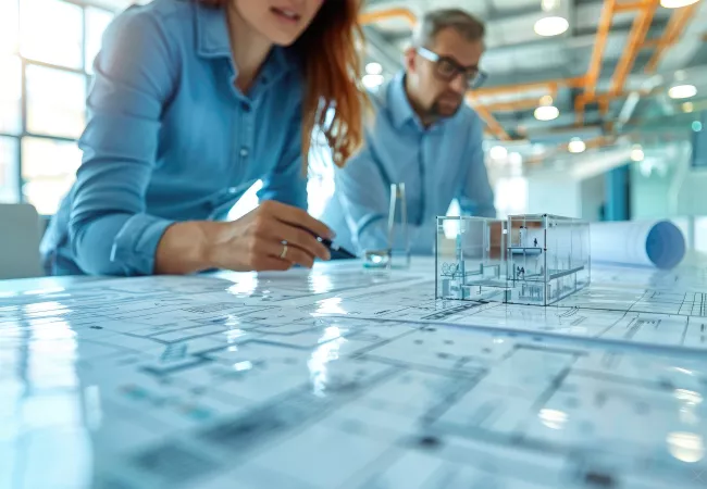 Dos arquitectes revisen plànols i una maqueta transparent d'un edifici en una taula d'estudi.