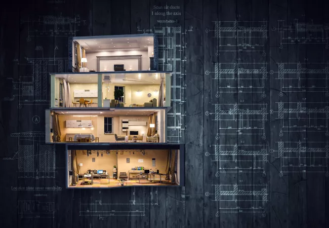 Secció vertical d'un edifici de quatre plantes amb interiors il·luminats sobre plànols tècnics arquitectònics.