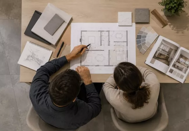 Dos arquitectos observando un plano de un piso