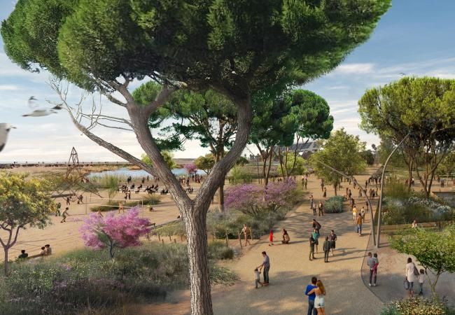 Render del parc litoral de les Tres Xemeneies amb pineda mediterrània, dunes i platja, i persones passejant i fent activitats