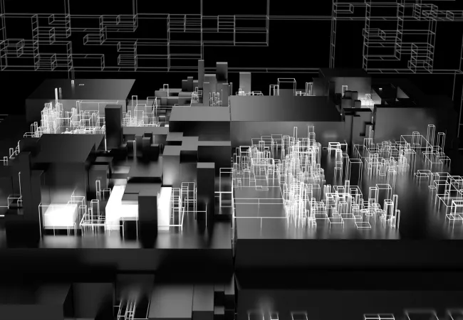 Render 3D en blanco y negro de una maqueta urbana abstracta con volúmenes sólidos y estructuras de edificios en wireframe luminoso, que evoca la integración de la inteligencia artificial en el diseño arquitectónico.