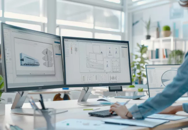 Arquitecta trabajando con software de diseño 3D y planos en dos pantallas dentro de una oficina luminosa y moderna.