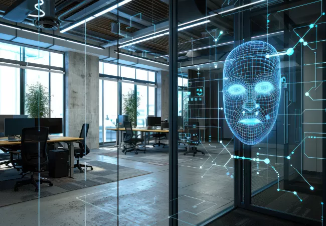 Oficina de arquitectura moderna con mesas y sillas vacías tras una mampara de cristal, sobre la que se proyecta un rostro humano en wireframe azul conectado a líneas de circuito, símbolo de la inteligencia artificial integrada en el espacio de trabajo.