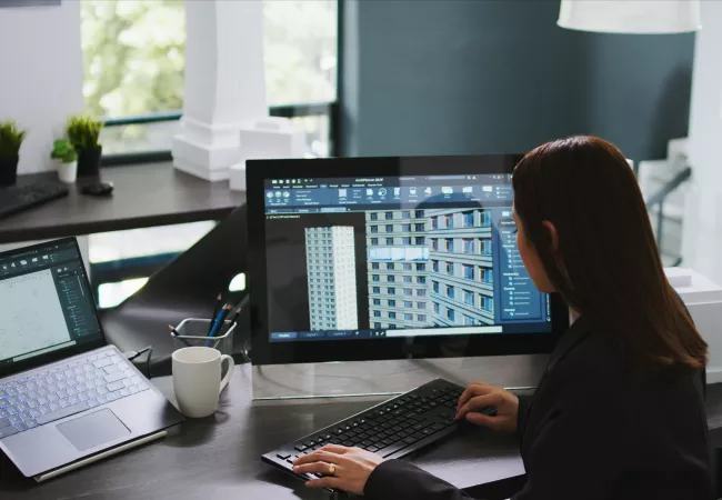 Arquitecta modelando un edificio en 3D con software BIM en un monitor y planos en el portátil, en un estudio moderno.