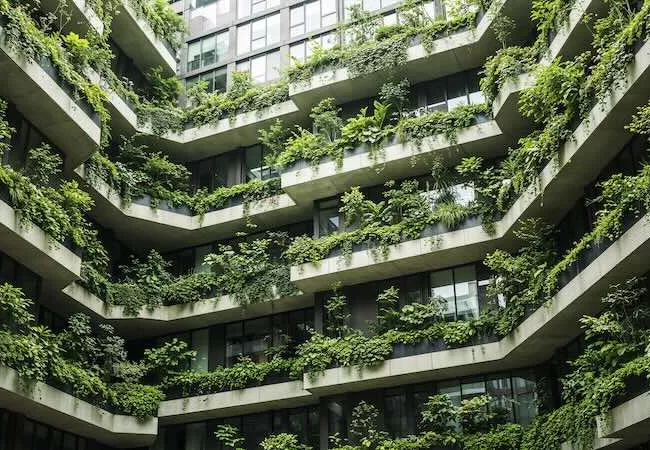 Interior de un edificio con plantas colgantes 