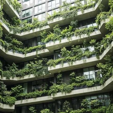 Interior de un edificio con plantas colgantes