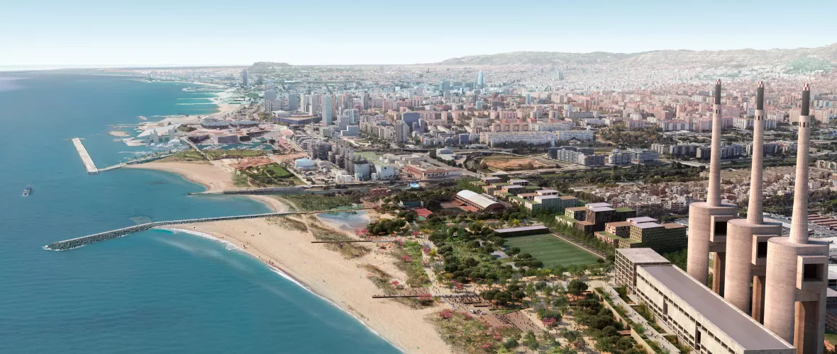 Render aeri del futur parc litoral de les Tres Xemeneies amb la platja renaturalitzada i les tres xemeneies de Sant Adrià de Besòs