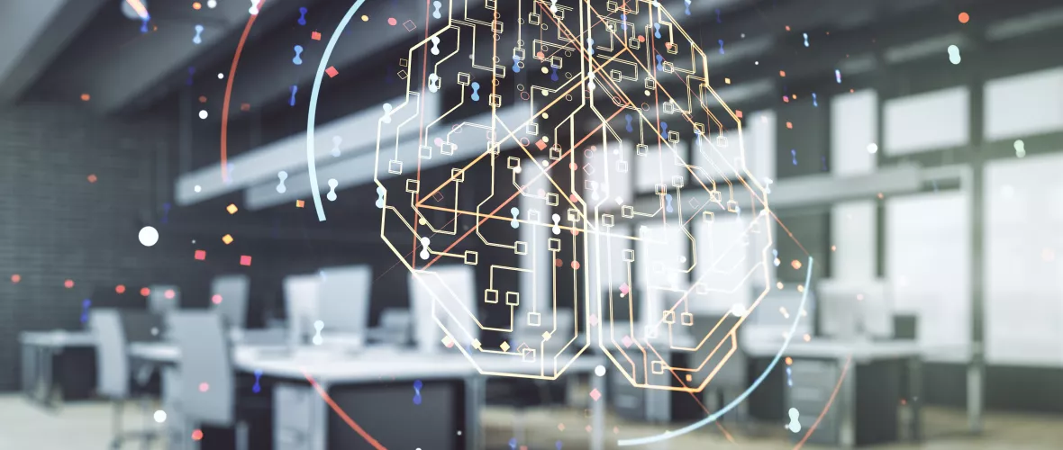 Doble exposición de un cerebro dibujado con líneas de circuito y nodos luminosos superpuesto sobre una oficina diáfana con puestos de trabajo desenfocados, representando las redes neuronales y el aprendizaje automático aplicados al trabajo.